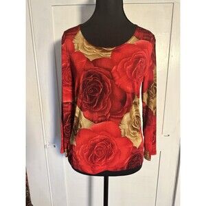 Vintage 90s Susan Lawrence Red Rose Floral Print Long Sleeve Shirt Blouse Sz S